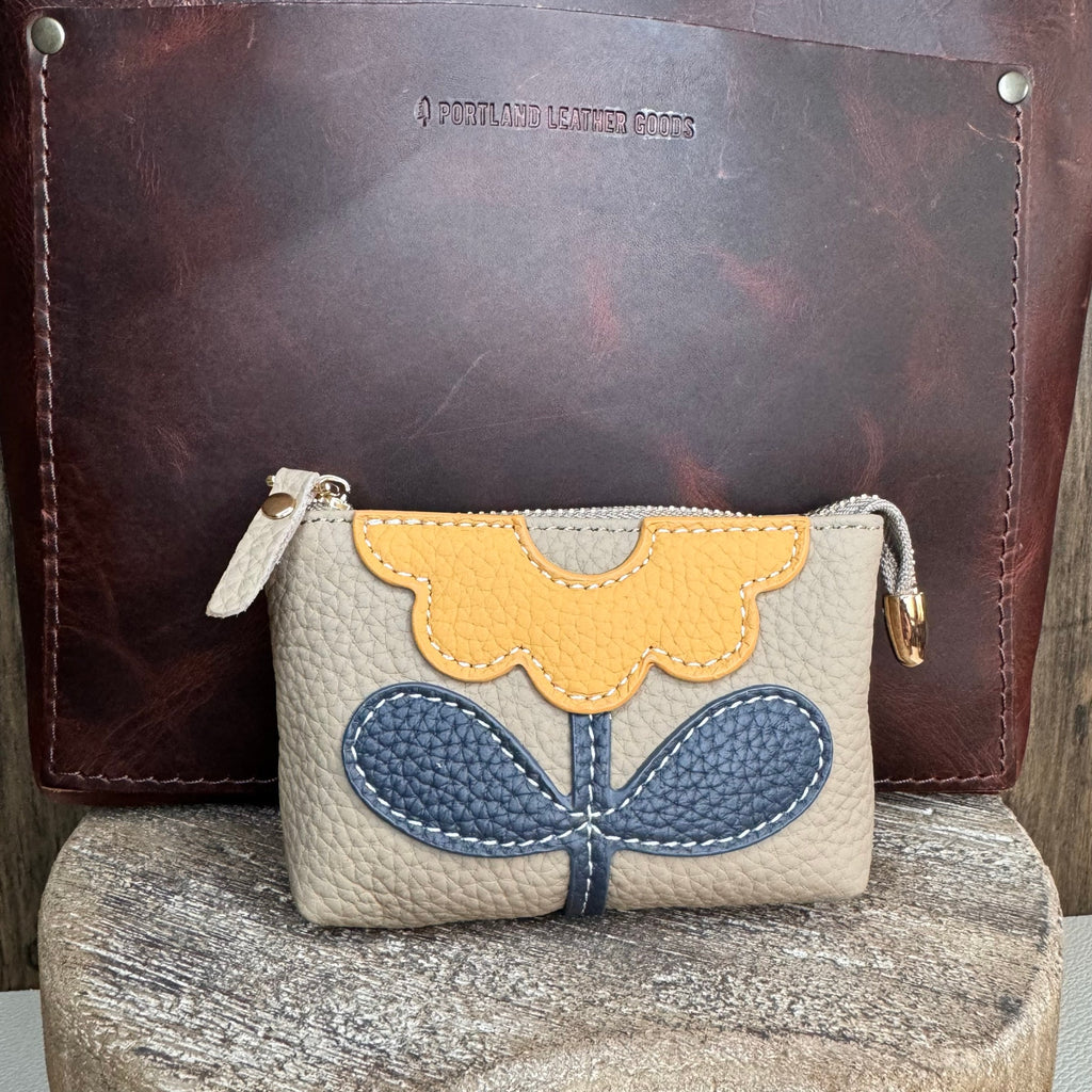 Taupe Flower Coin Purse Wallet Genuine Leather Neutral Wallet NEW FAST SHIP