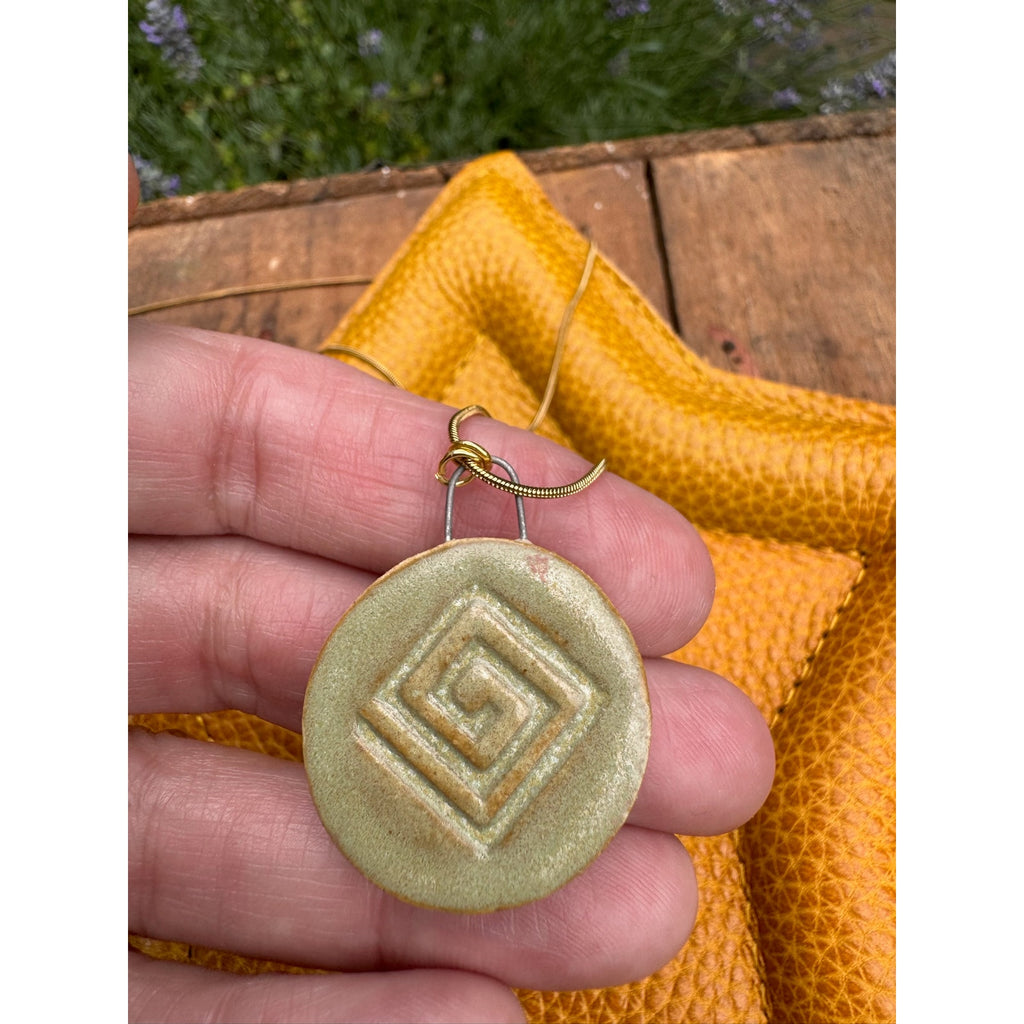 Kiln Fired Light Green Neutral Necklace Handcrafted Ceramic Round Pendant