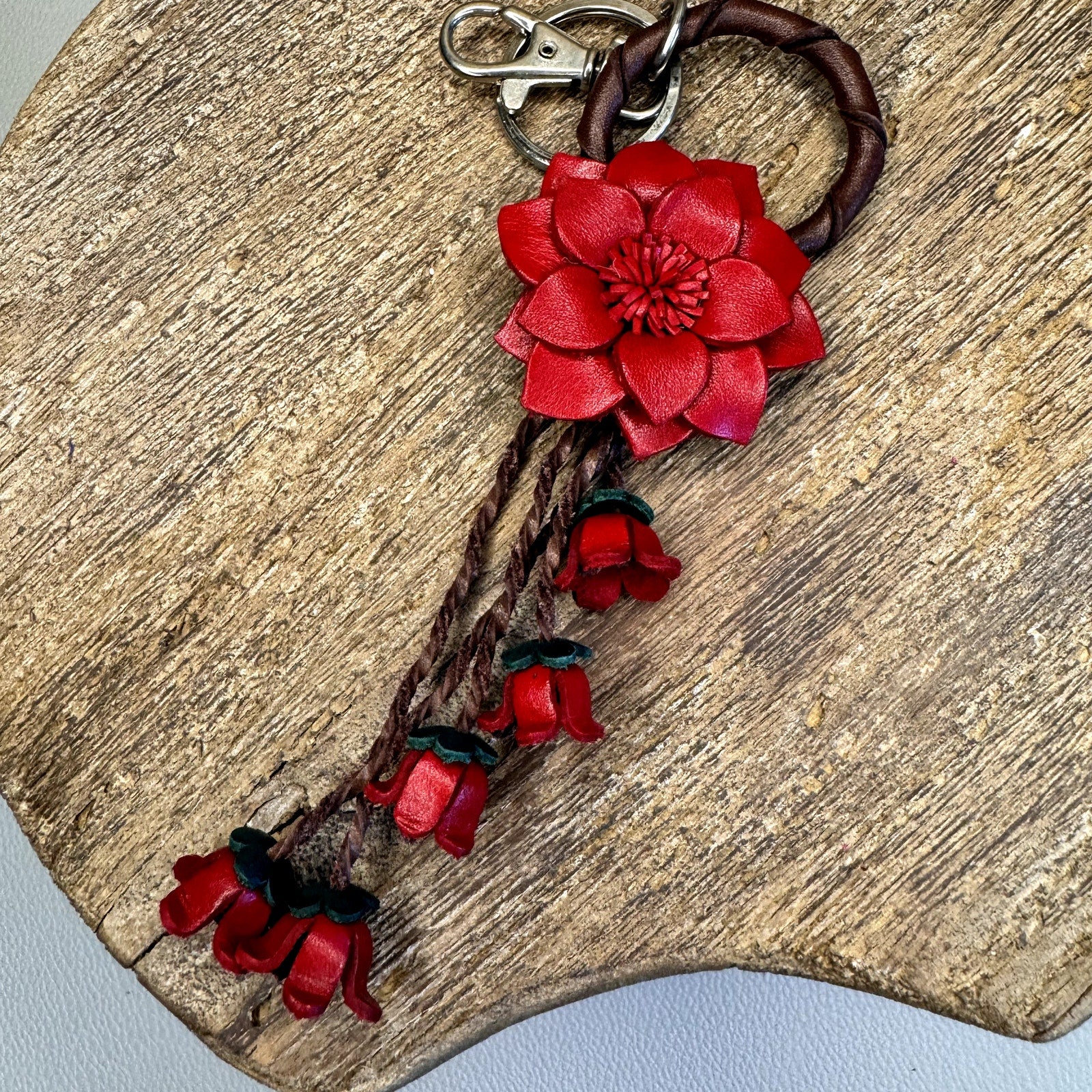Leather Red Flower Purse Charm Genuine Leather Bag Charm NEW FAST SHIP