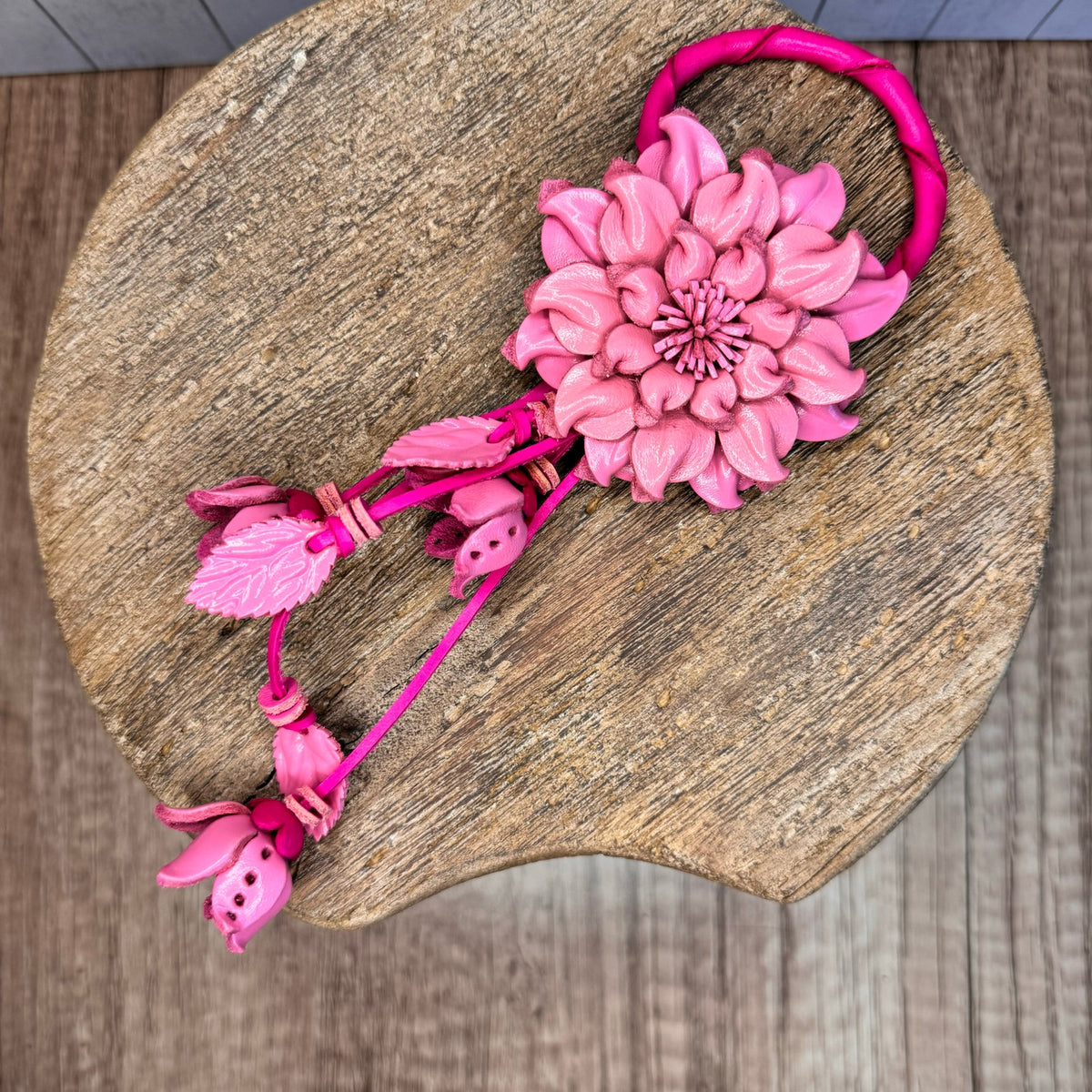 Leather Flower Purse Charm Genuine Leather Pink Mum Bag Charm NEW FAST SHIP