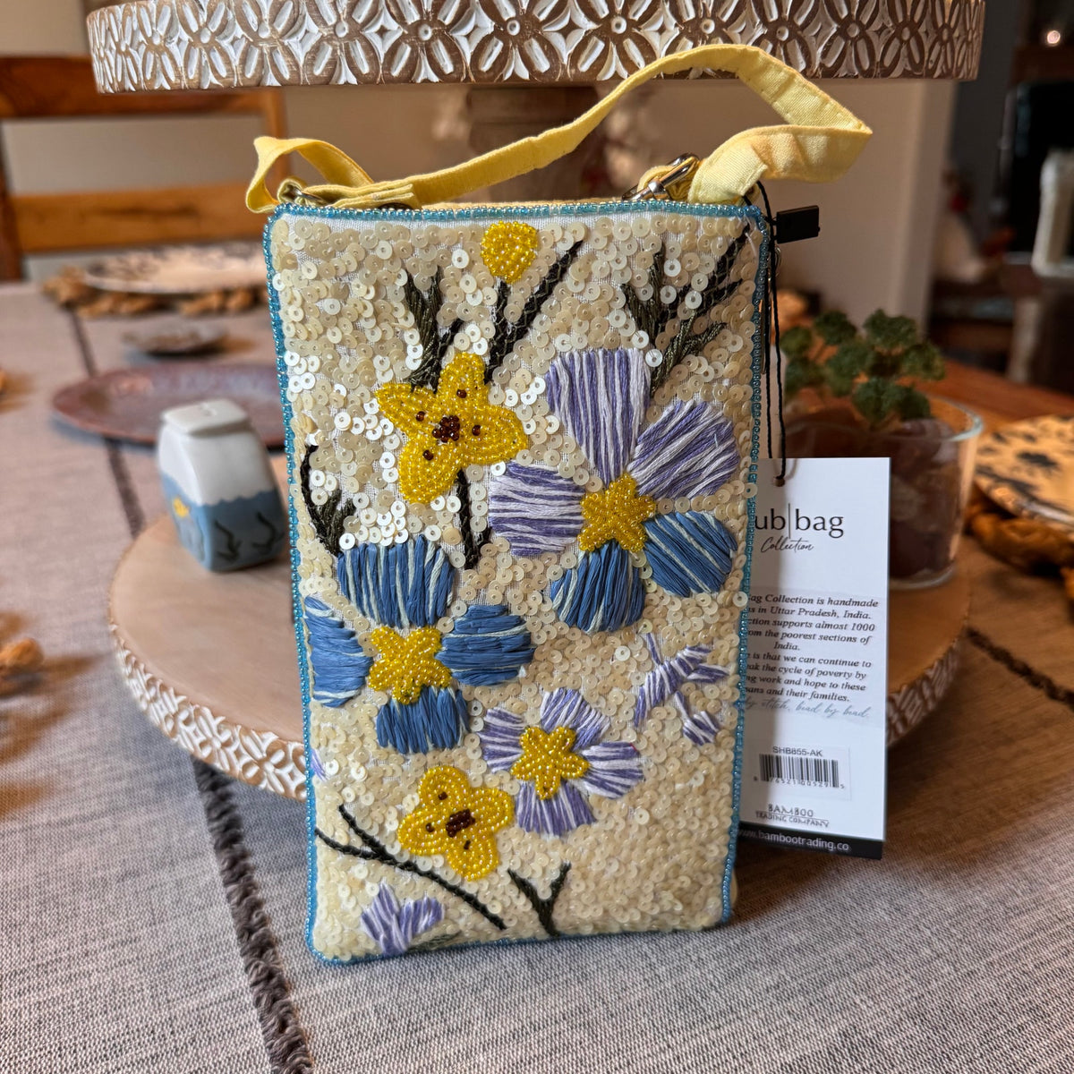 Blue yellow Beaded Crossbody Club Bag Stitched Phone Bag Small Night out Purse