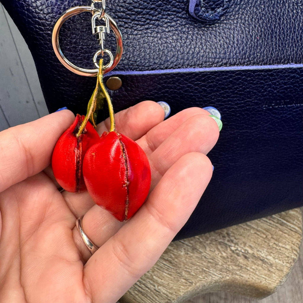 Genuine Leather Cherries Bag Charm Hand Painted Leather Cherry Keychain NEW!