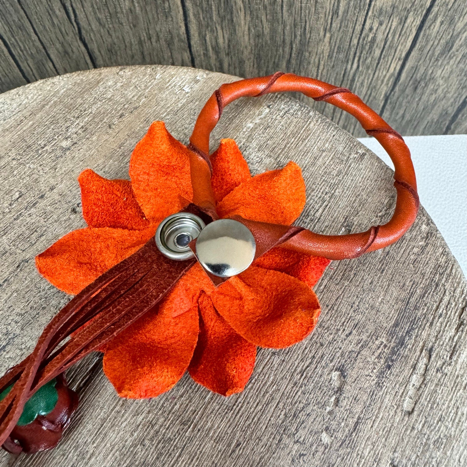 Orange Leather Flower Purse Charm Genuine Leather Purse Autumn Bag Charm