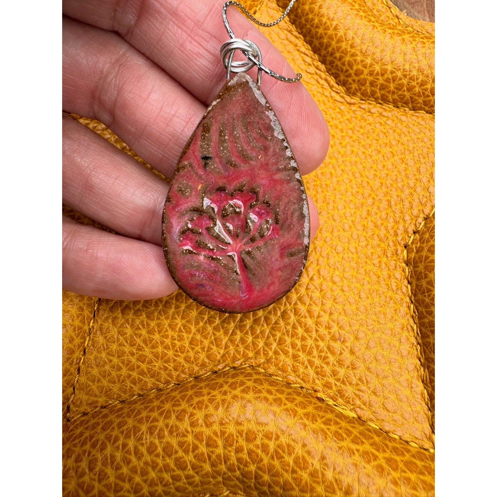 Boho Tear Drop Pendant Necklace Handmade Red Pendant Ceramic Necklace Jewelry