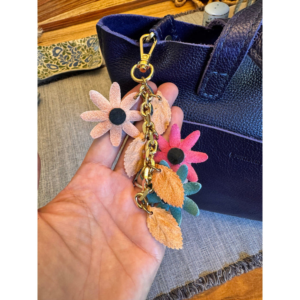 Pink Baby Blue Flower Bag Charm Genuine Leather Purse Charm Flower Charms NEW!
