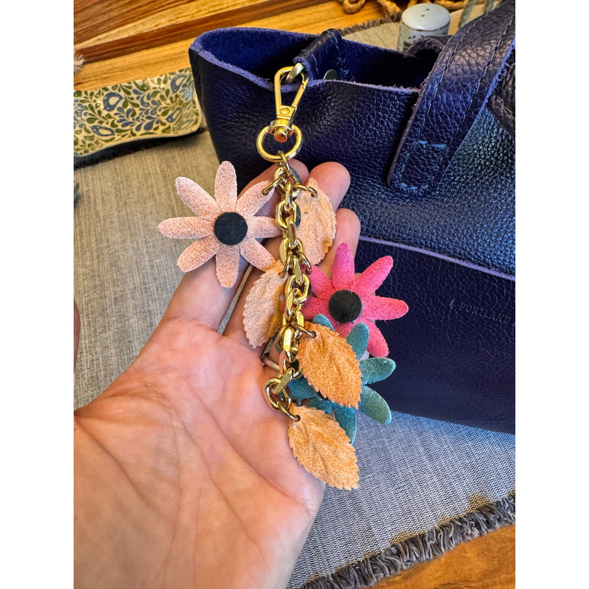 Pink Baby Blue Flower Bag Charm Genuine Leather Purse Charm Flower Charms NEW!