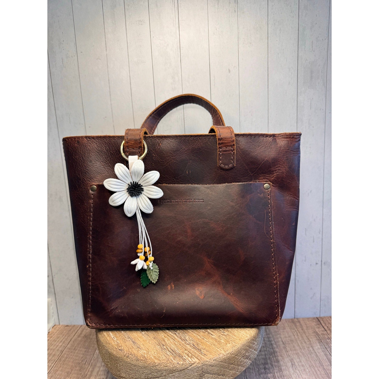 White Summer Daisy Purse Charm Genuine Leather Summer Flower Bag Charm NEW!