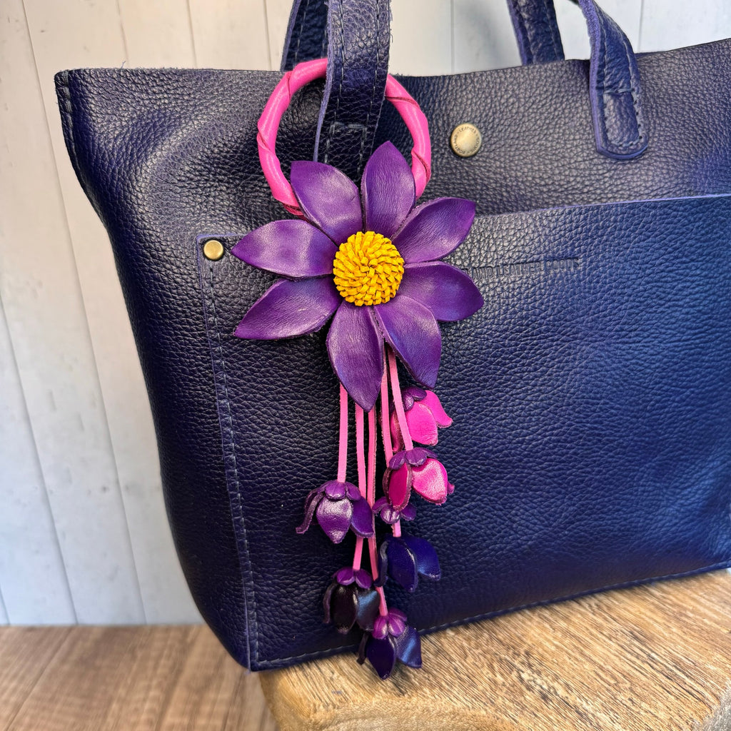 Leather Purse Charm Purple Flower Charm Genuine Leather Bag Charm NEW!