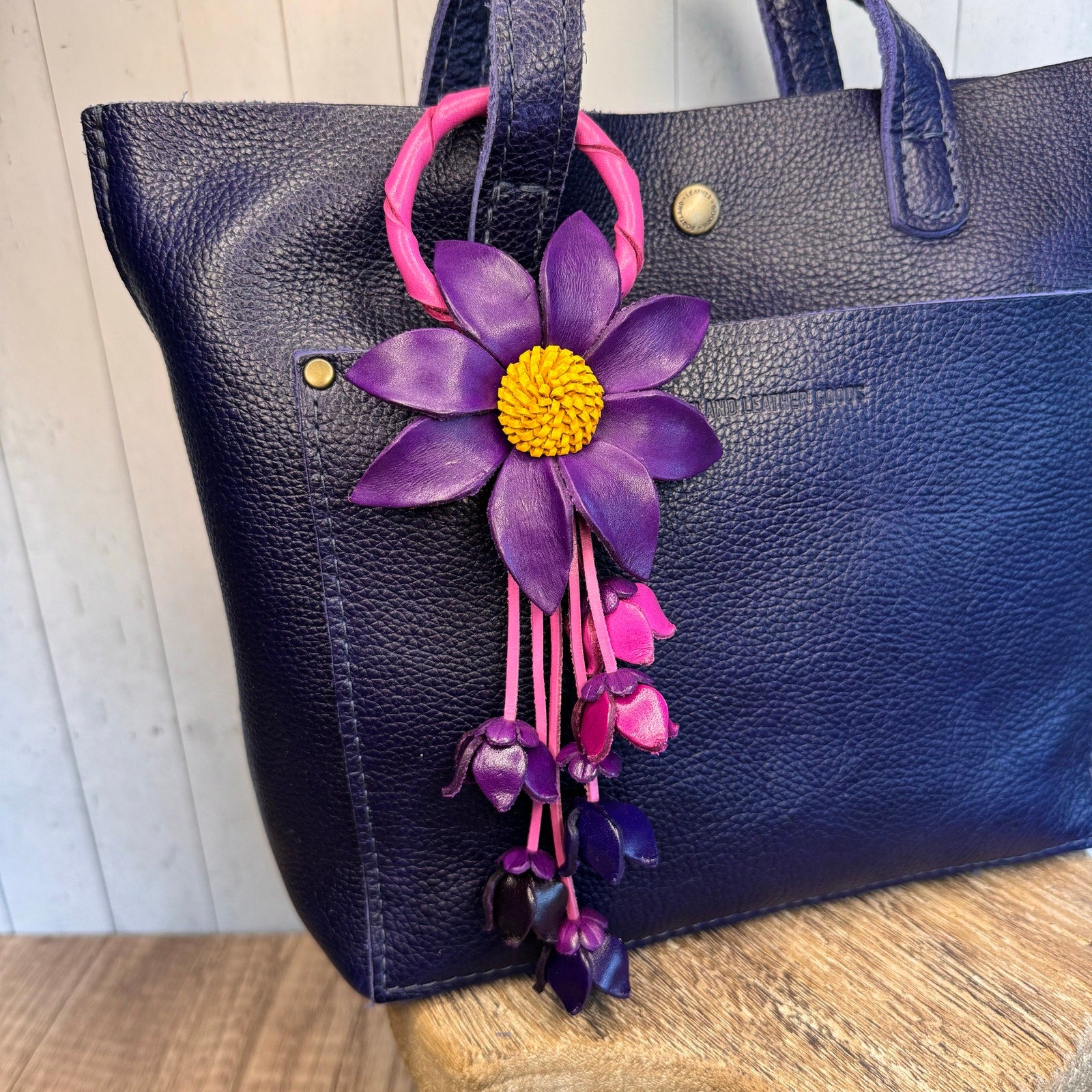 Leather Purse Charm Purple Flower Charm Genuine Leather Bag Charm NEW!