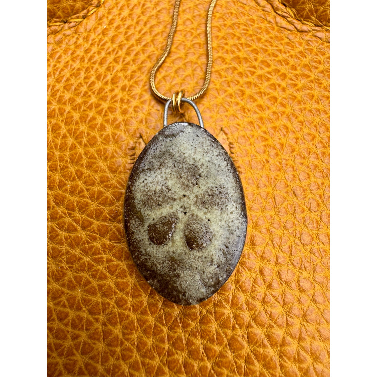 Kiln Fired Oval Necklace Handcrafted Ceramic Oval Daisy Flowers Neutral Jewelry