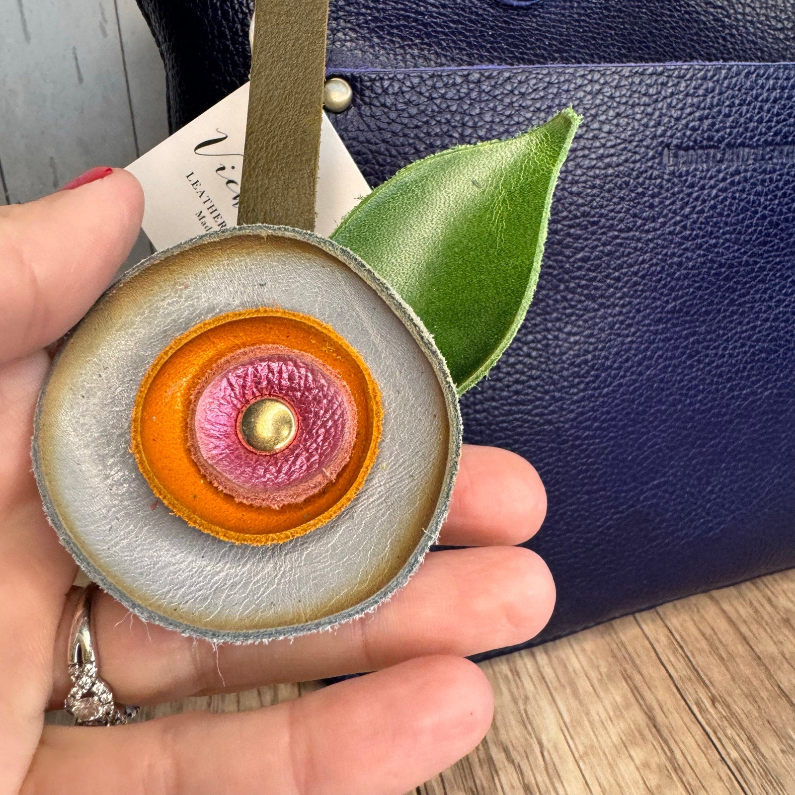 Genuine Leather Purse Charm Blue Orange Pink Flower Bag Keychain Purse Accessory