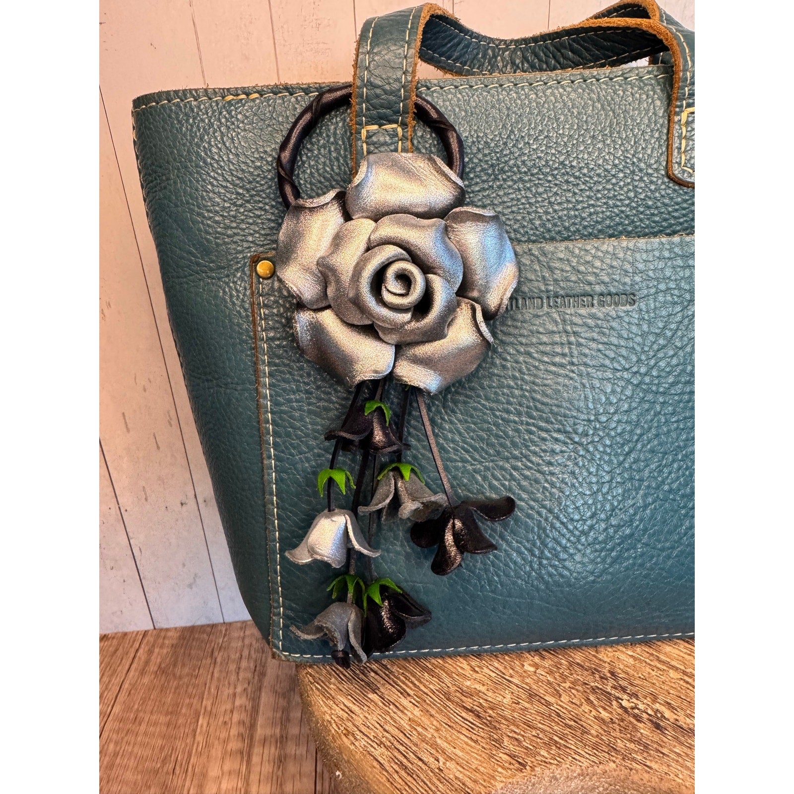 Rose Purse Charm Genuine Leather Silver Rose Summer Flower Bag Charm FAST SHIP