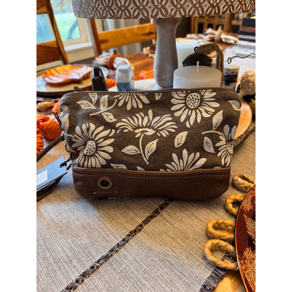Daisy Flower Clutch Brown Neutral Purse Wristlet Bag Boho Pouch 9 x 6