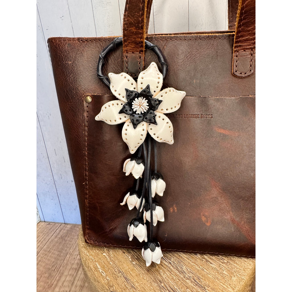 White Black Leather Purse Charm Genuine Leather Neutral Flower Bag Charm Flowers