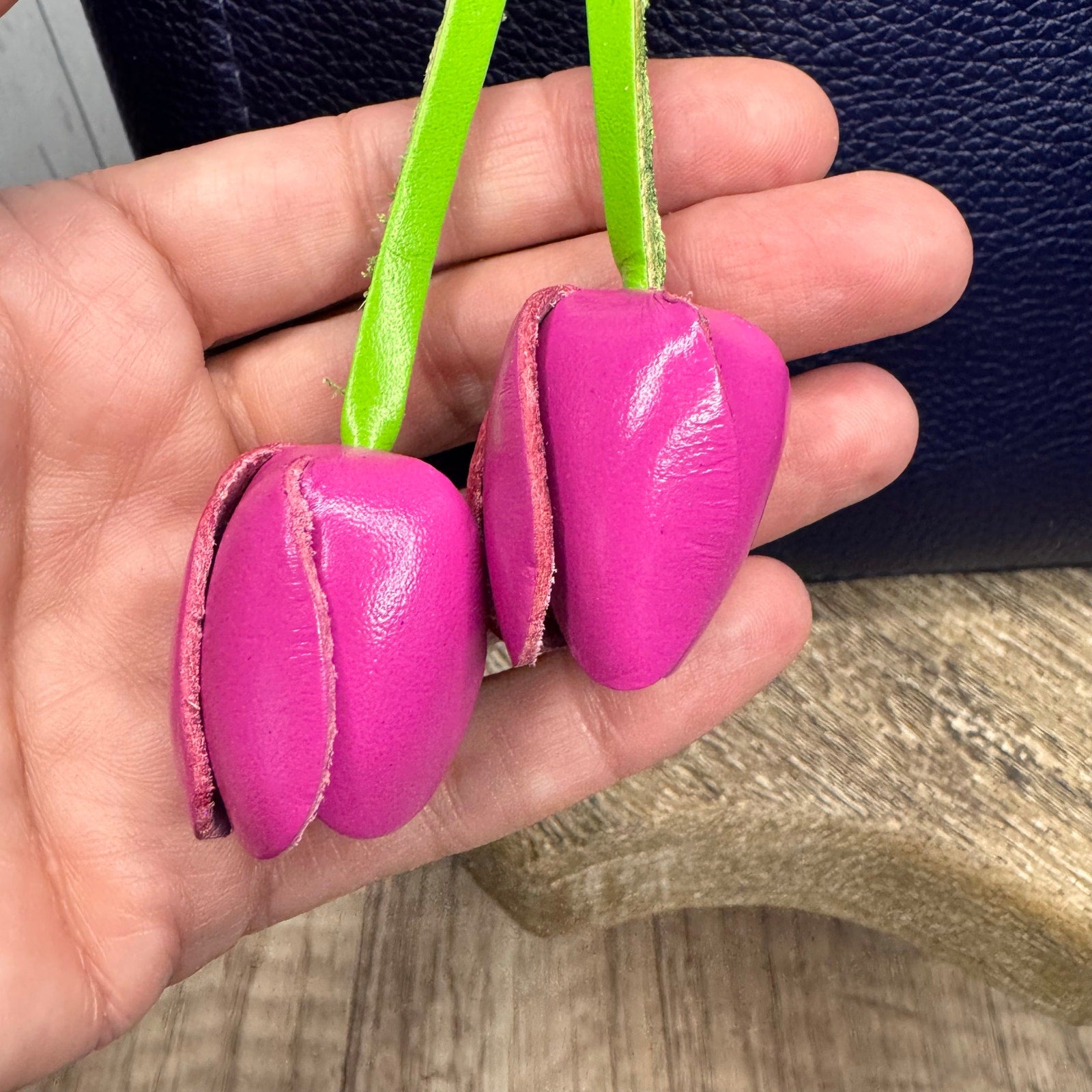 Leather Hot Pink Tulip Purse Charm Genuine Leather Pink Flower Bag Charm NEW