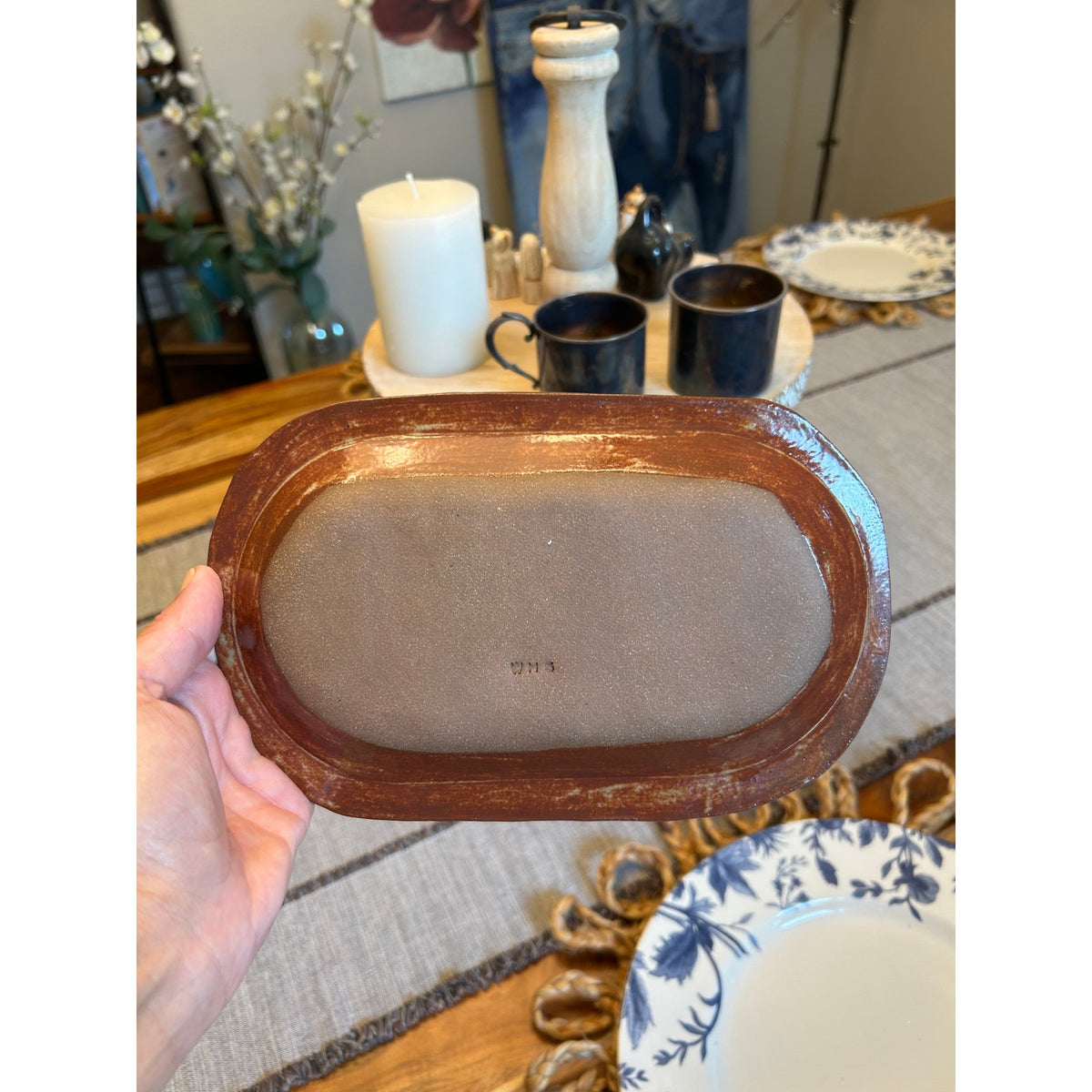 Handmade Candle Plate Ceramic Dish 9 x 6 inch Boho Neutral Home Gift
