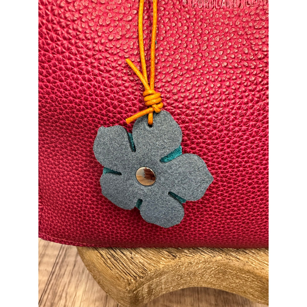 Leather Flower Bag Charm Pink Blue Indigo Flower Purse Charm Genuine Leather