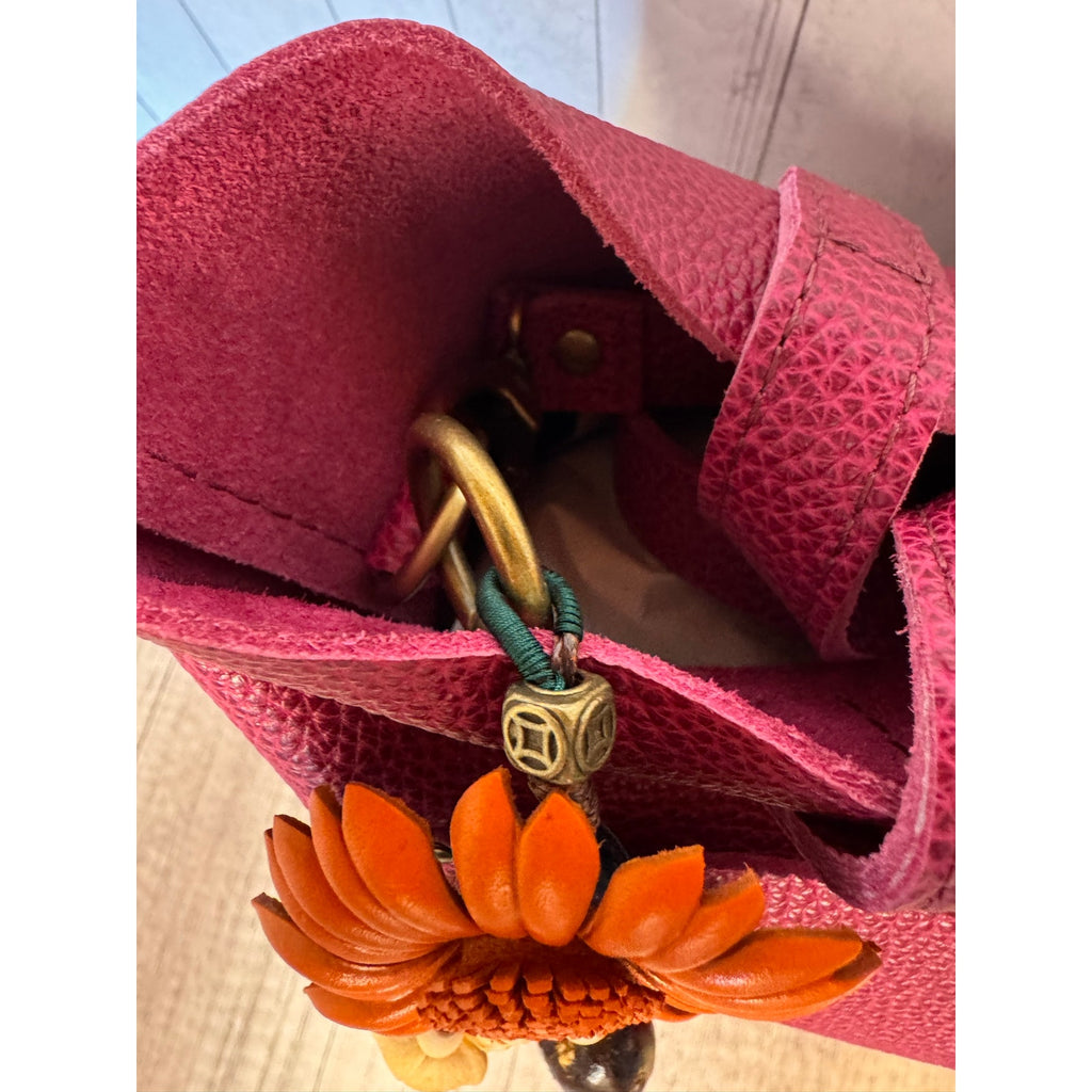 Summer Orange Gerbera Daisy Purse Charm Genuine Leather Flower Bag Charm