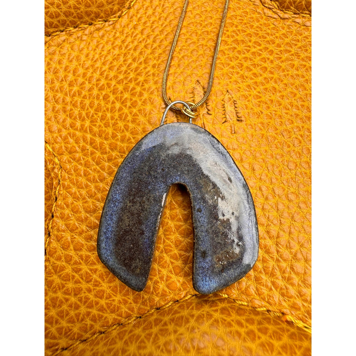 Kiln Fired Light Horseshoe Necklace Handcrafted Ceramic Horse Shoe Blue Pendant