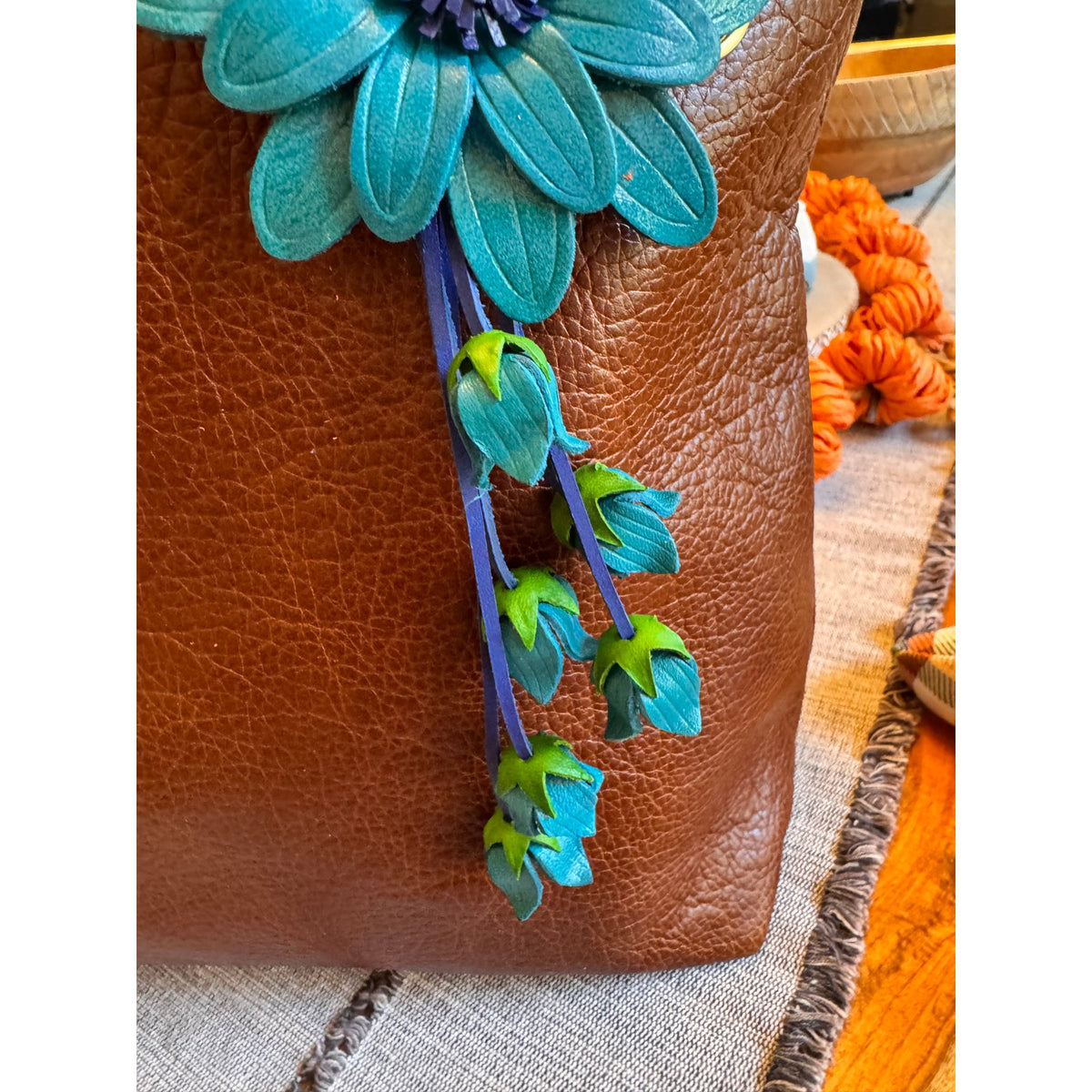 Blue Sunflower Purse Charm Flower Bag Charm Genuine Leather Accessories NEW!