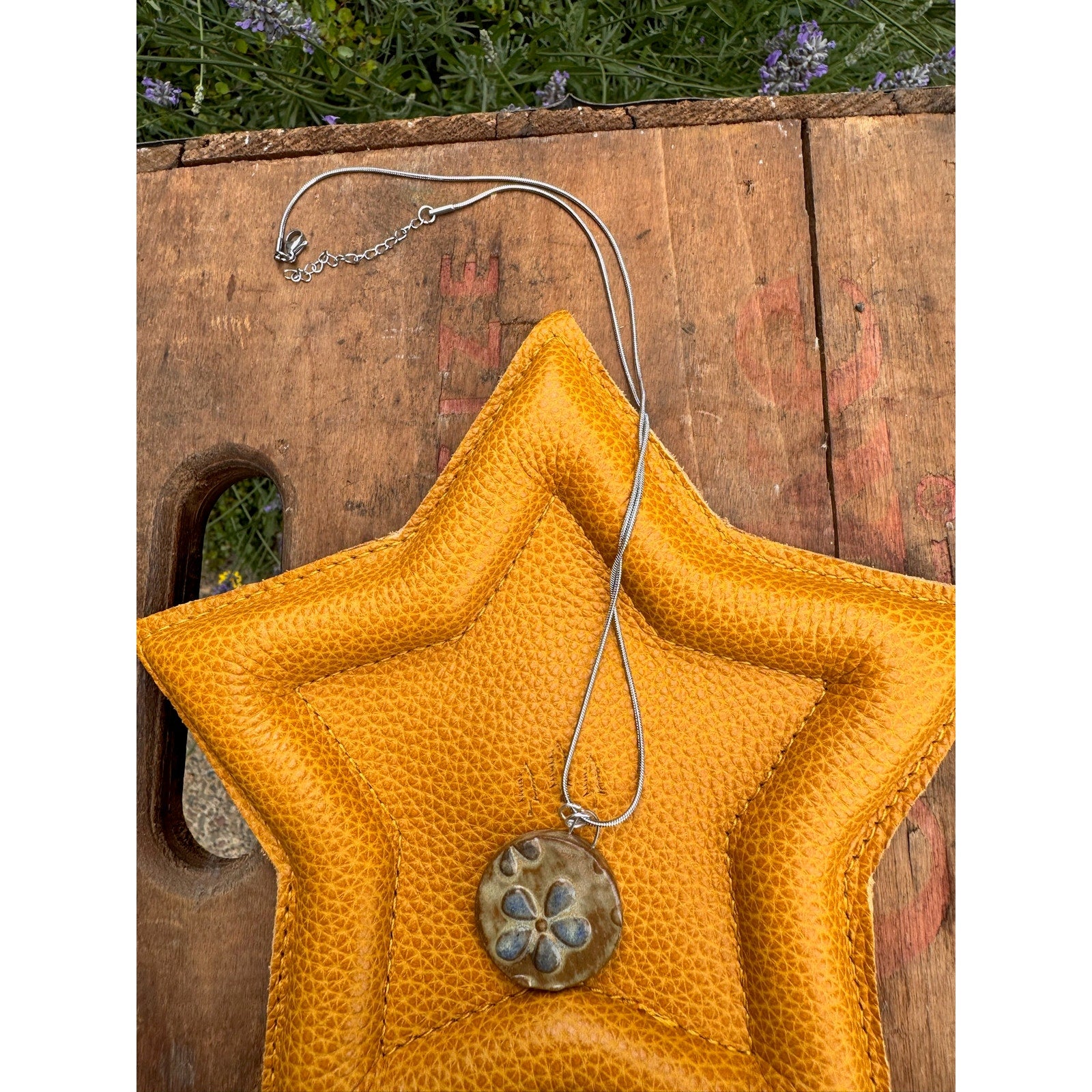 Boho Necklace Round Daisy Pendant Handcrafted Ceramic Necklace Medallion Jewelry