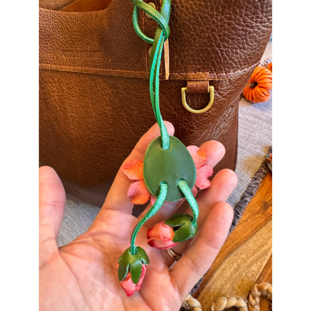 Genuine Leather Trailing Pink Flower Purse Charm Leather Bag Charm