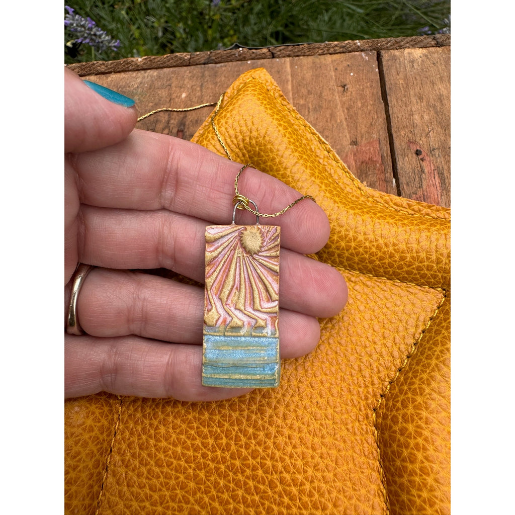 Sunburst Kiln Fired Ceramic Necklace Ceramic Rectangle Pendant Jewelry Necklace