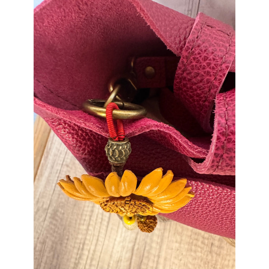 Summer Neutral Tan Gerbera Daisy Purse Charm Genuine Leather Flower Bag Charm