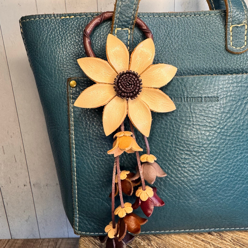 Cream Neutral Daisy Leather Flower Purse Charm Genuine Leather Tan Bag Charm