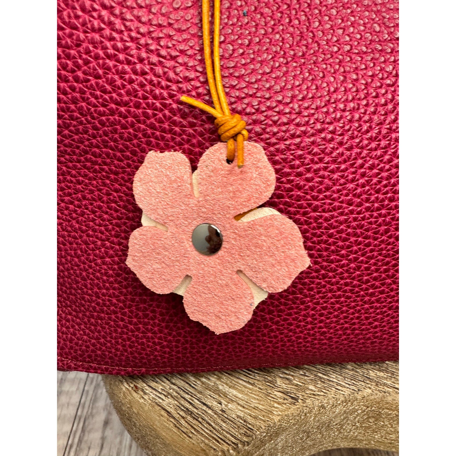 Leather Flower Bag Charm Yellow White Pink Flower Purse Charm Genuine Leather