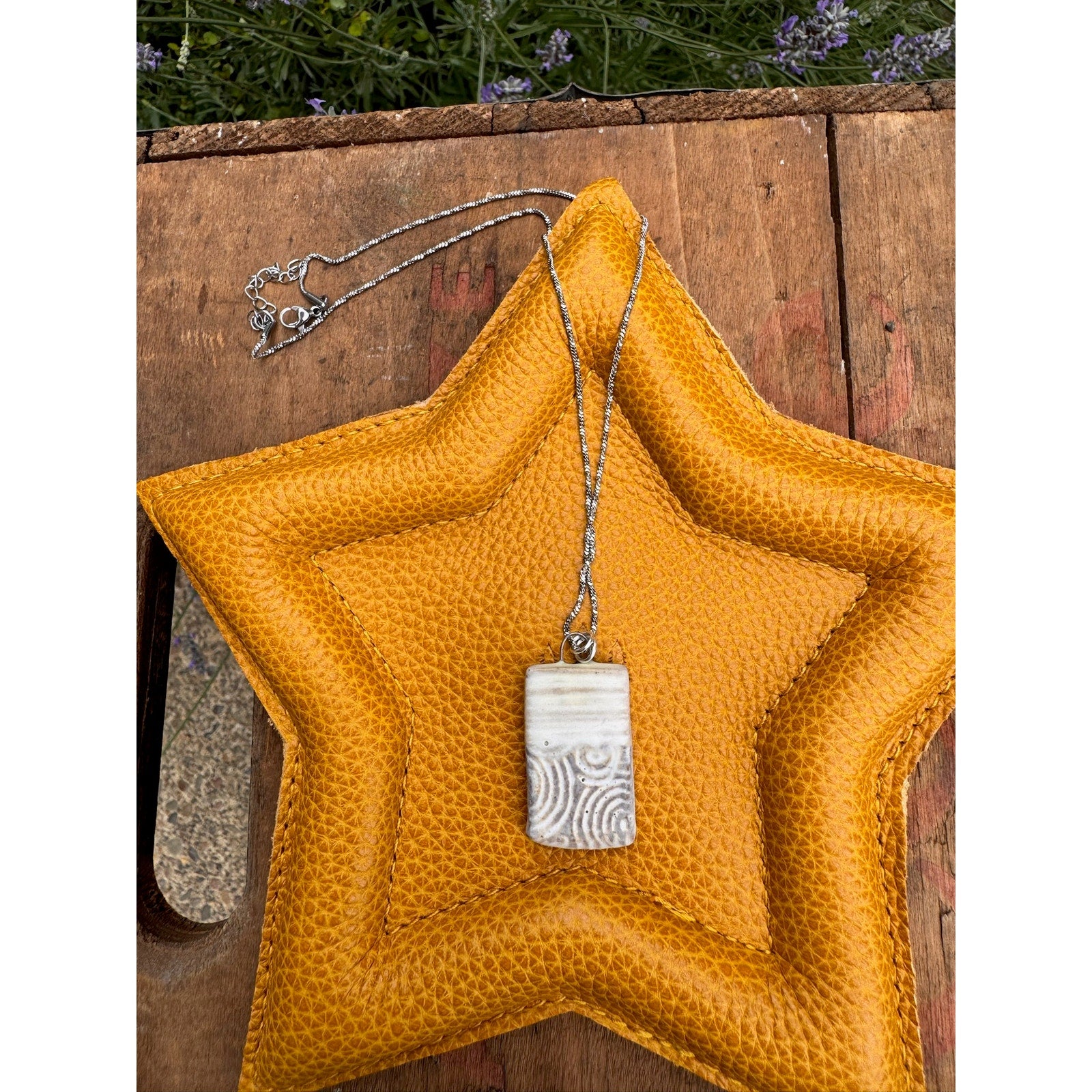 Boho Rectangle Pendant Necklace Handmade White Pendant Ceramic Necklace Jewelry
