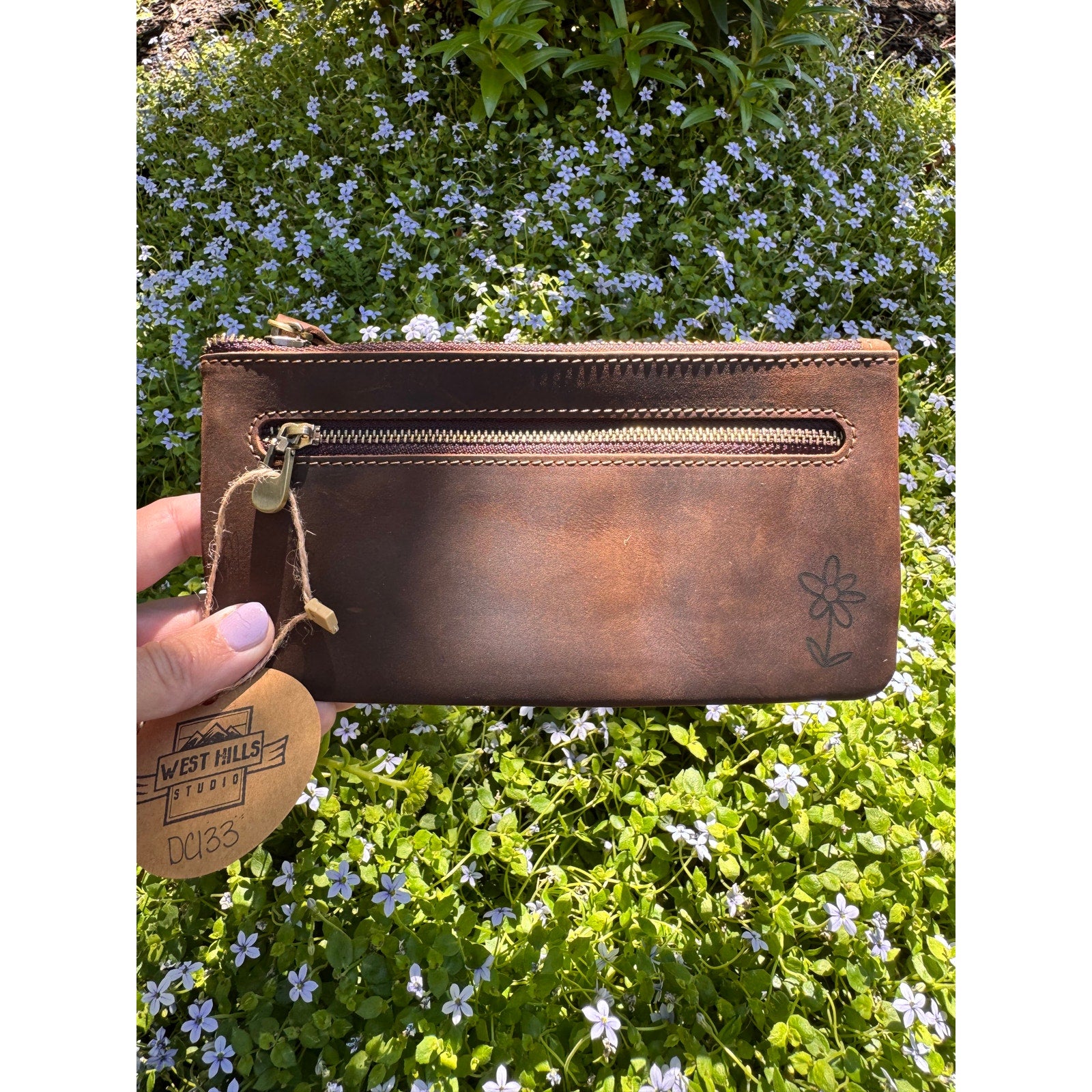 Genuine Leather Dark Grizzly Brown  Makeup Bag Artist Pouch Leather Wristlet Bag