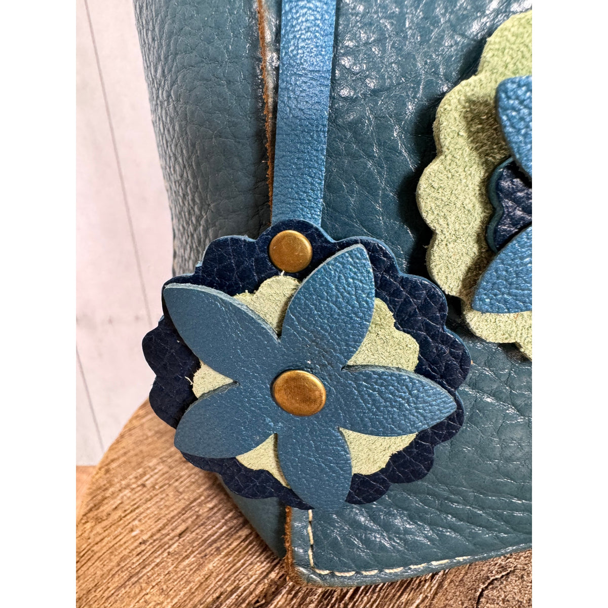 Double Flower Bag Charm Genuine Leather Green Blue Purse Charm NEW!