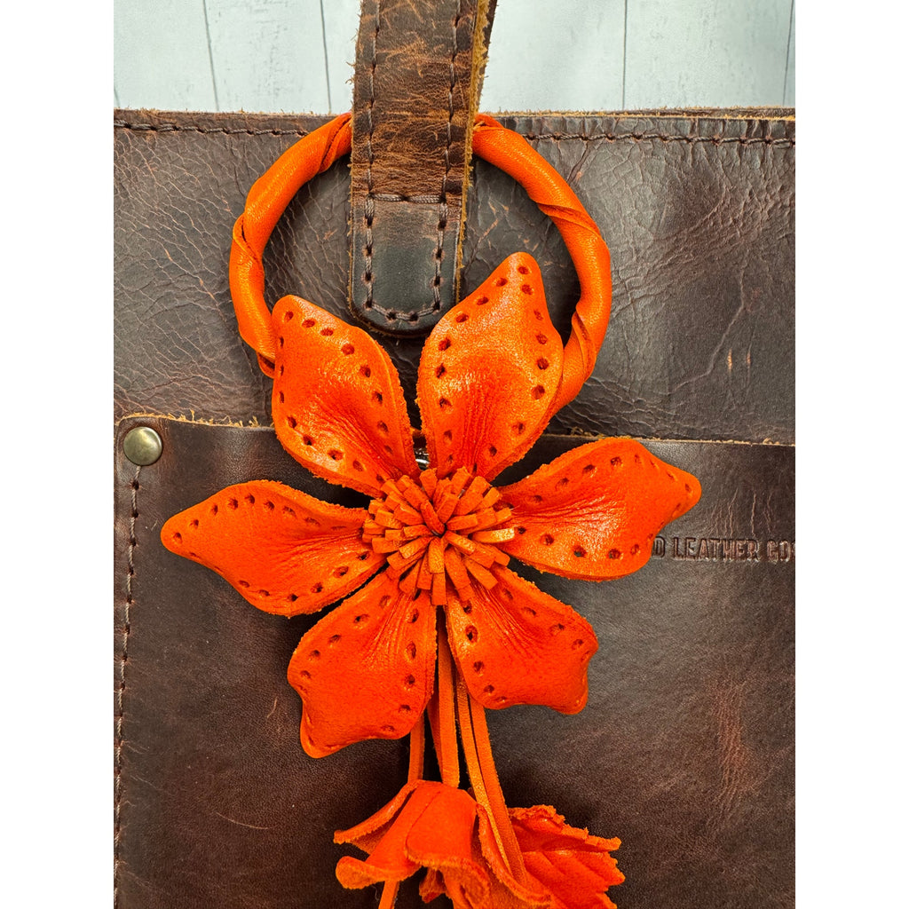 Autumn Fall Leather Daisy Purse Charm Genuine Leather Orange Flower Bag Charm