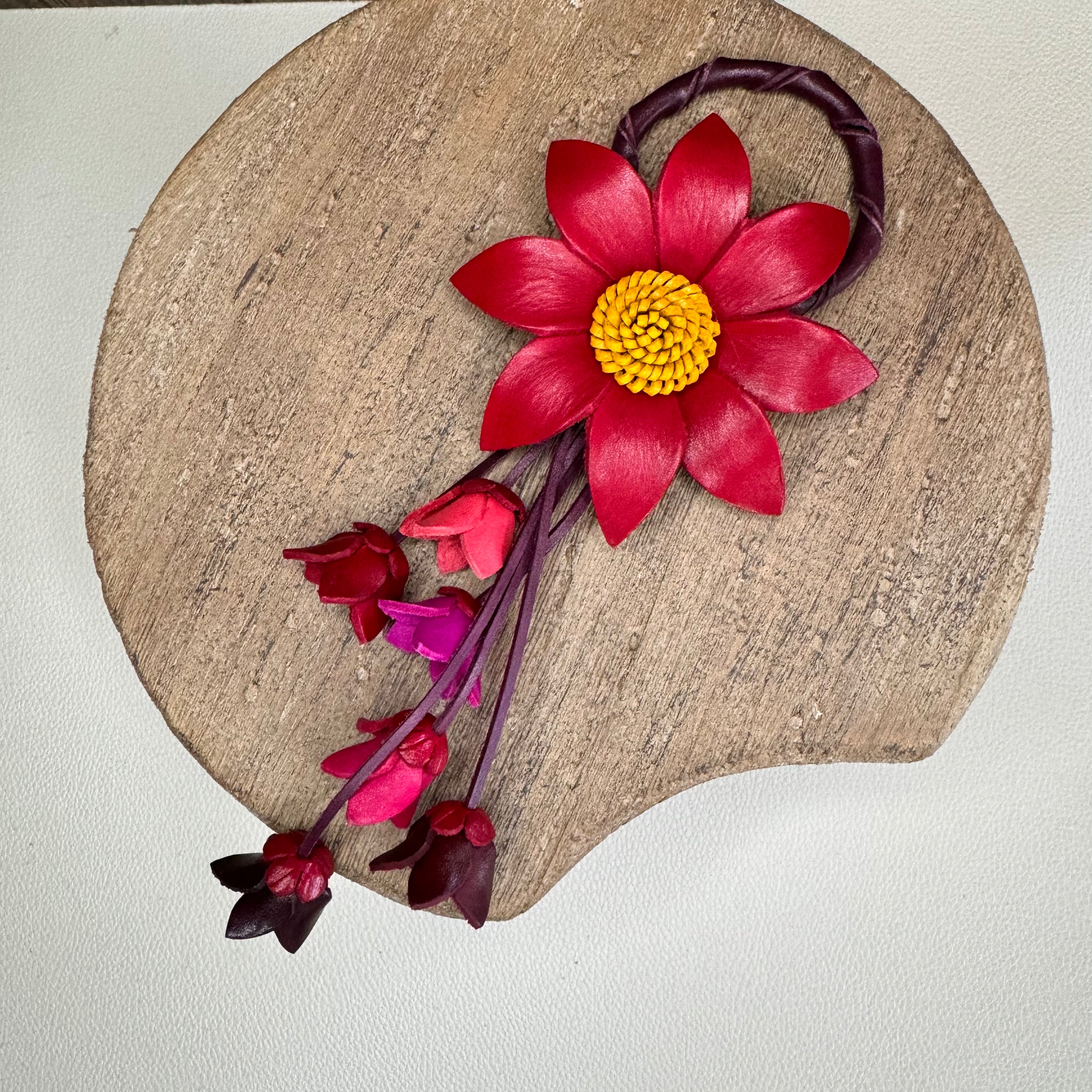 Red Daisy Leather Bag Charm Purse Keychain Genuine Leather Charm