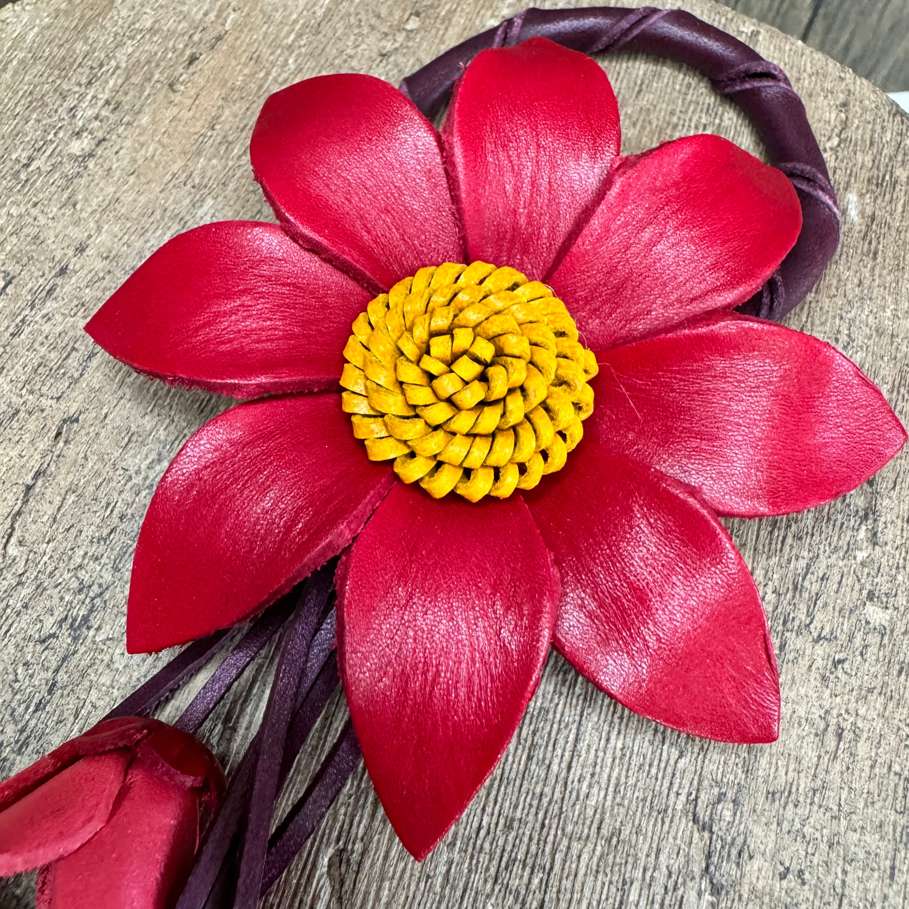 Red Daisy Leather Bag Charm Purse Keychain Genuine Leather Charm