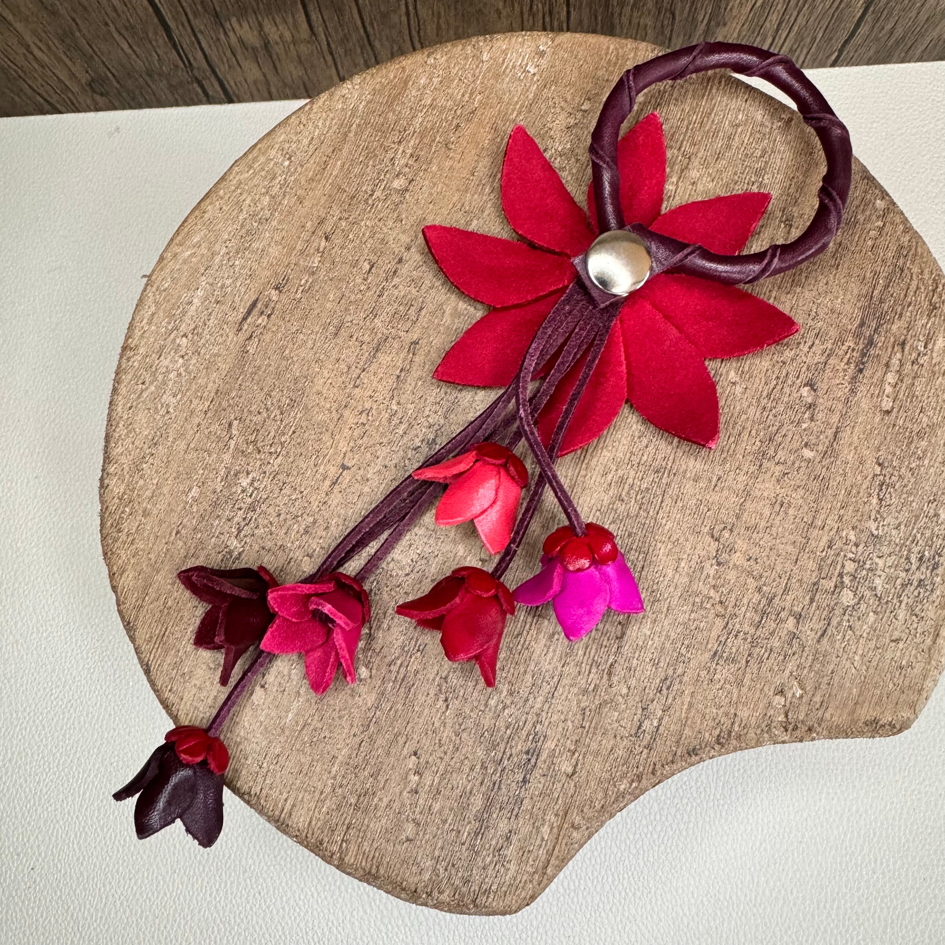 Red Daisy Leather Bag Charm Purse Keychain Genuine Leather Charm