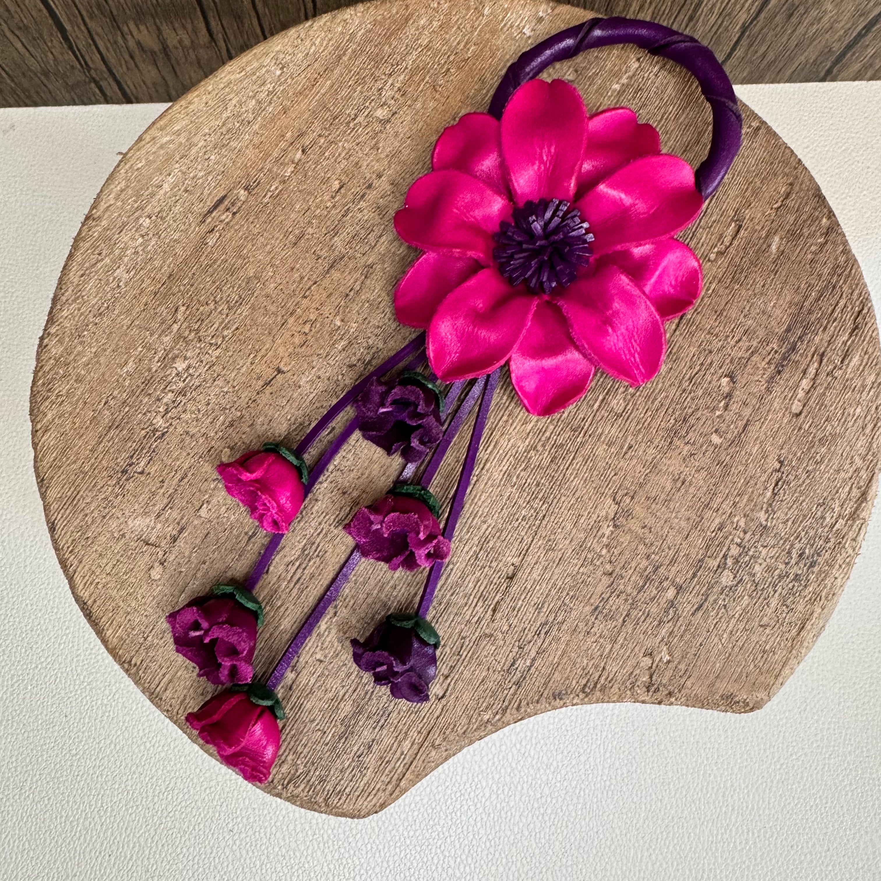 HOT Pink Genuine Leather Bag Charm Leather Purse Flower Bag Charm