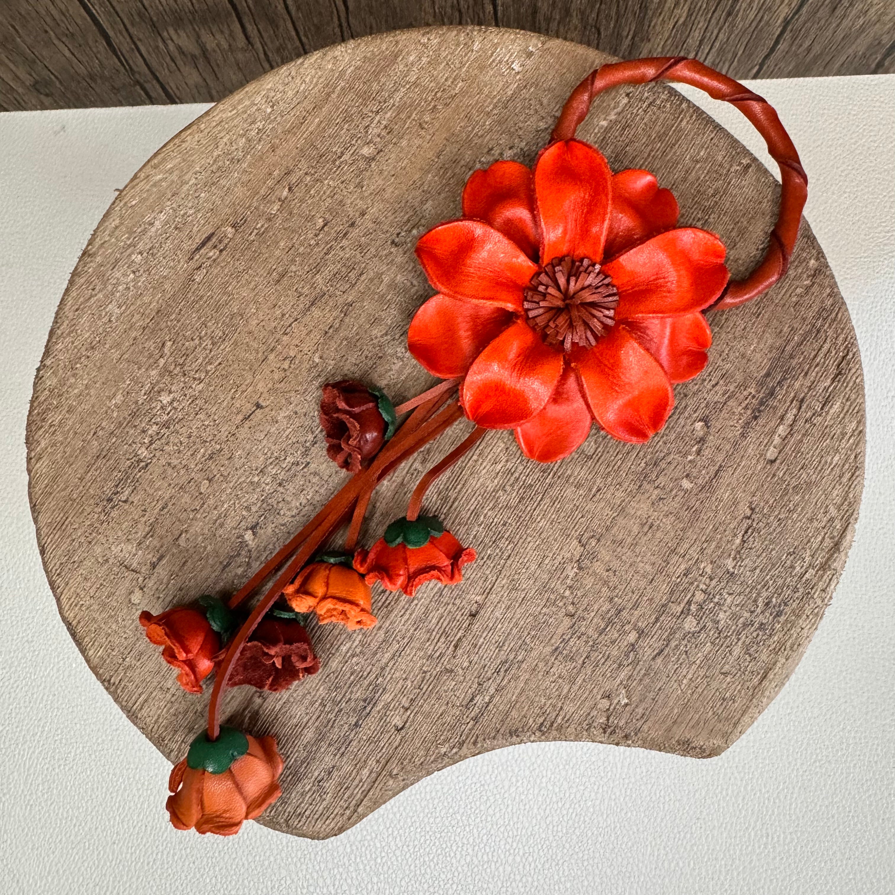Orange Fall Autumn Genuine Leather Bag Charm Leather Purse Flower Bag Charm