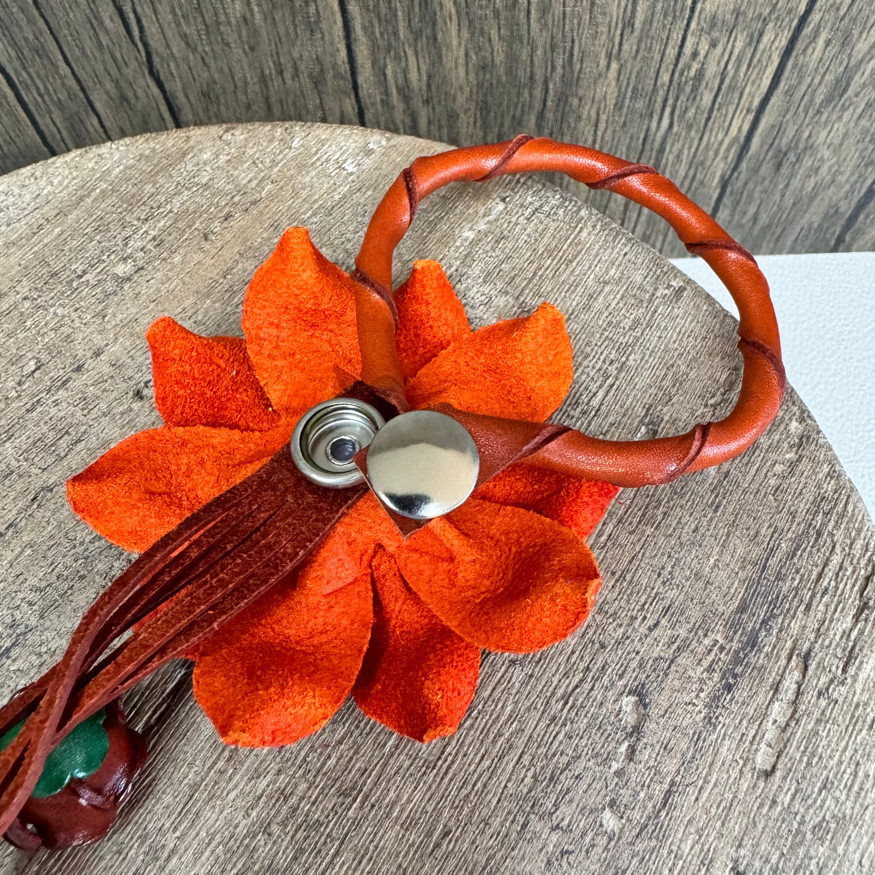 Orange Fall Autumn Genuine Leather Bag Charm Leather Purse Flower Bag Charm
