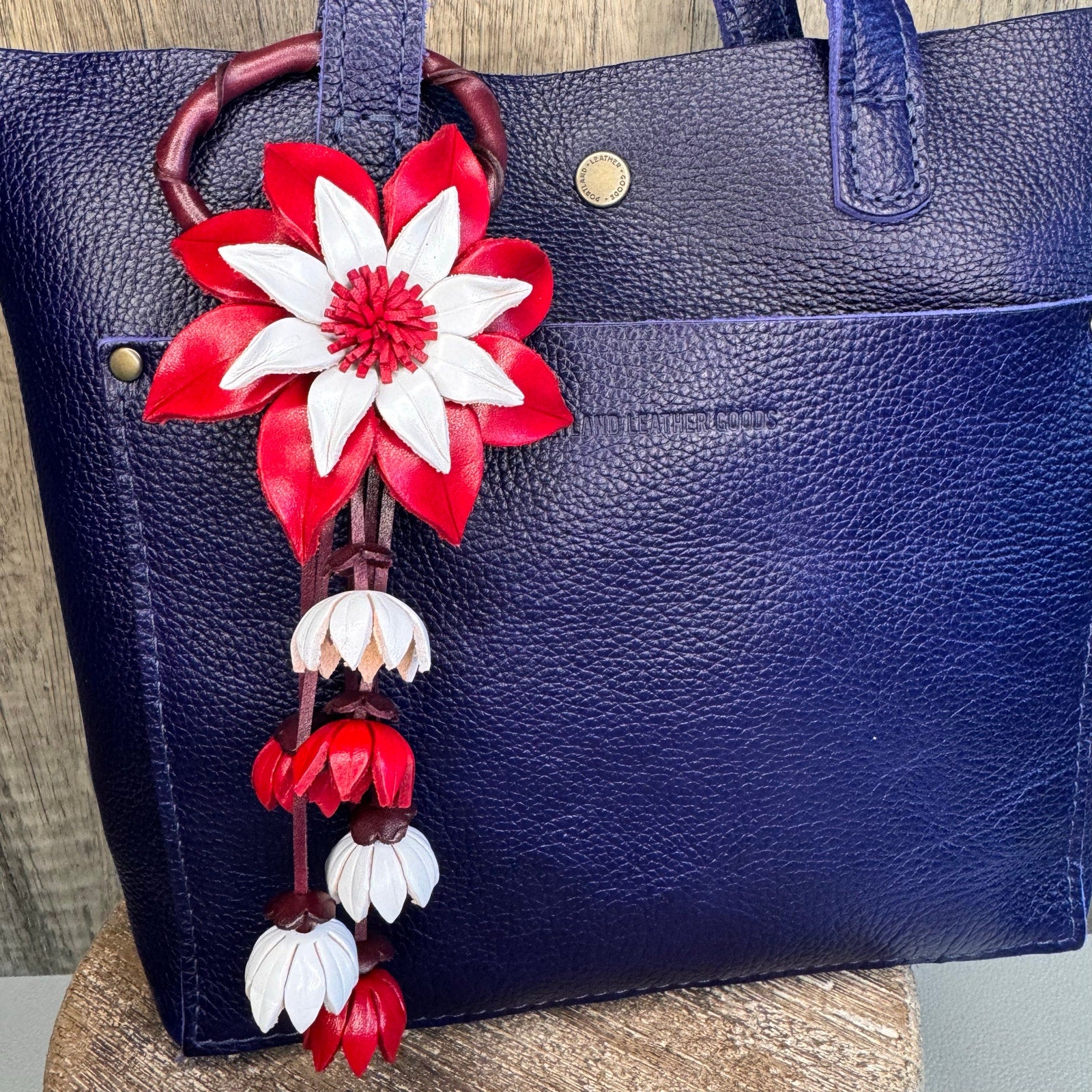 Leather Flower Purse Charm Genuine Leather Poinsettia Bag Charm Red Flower Flair