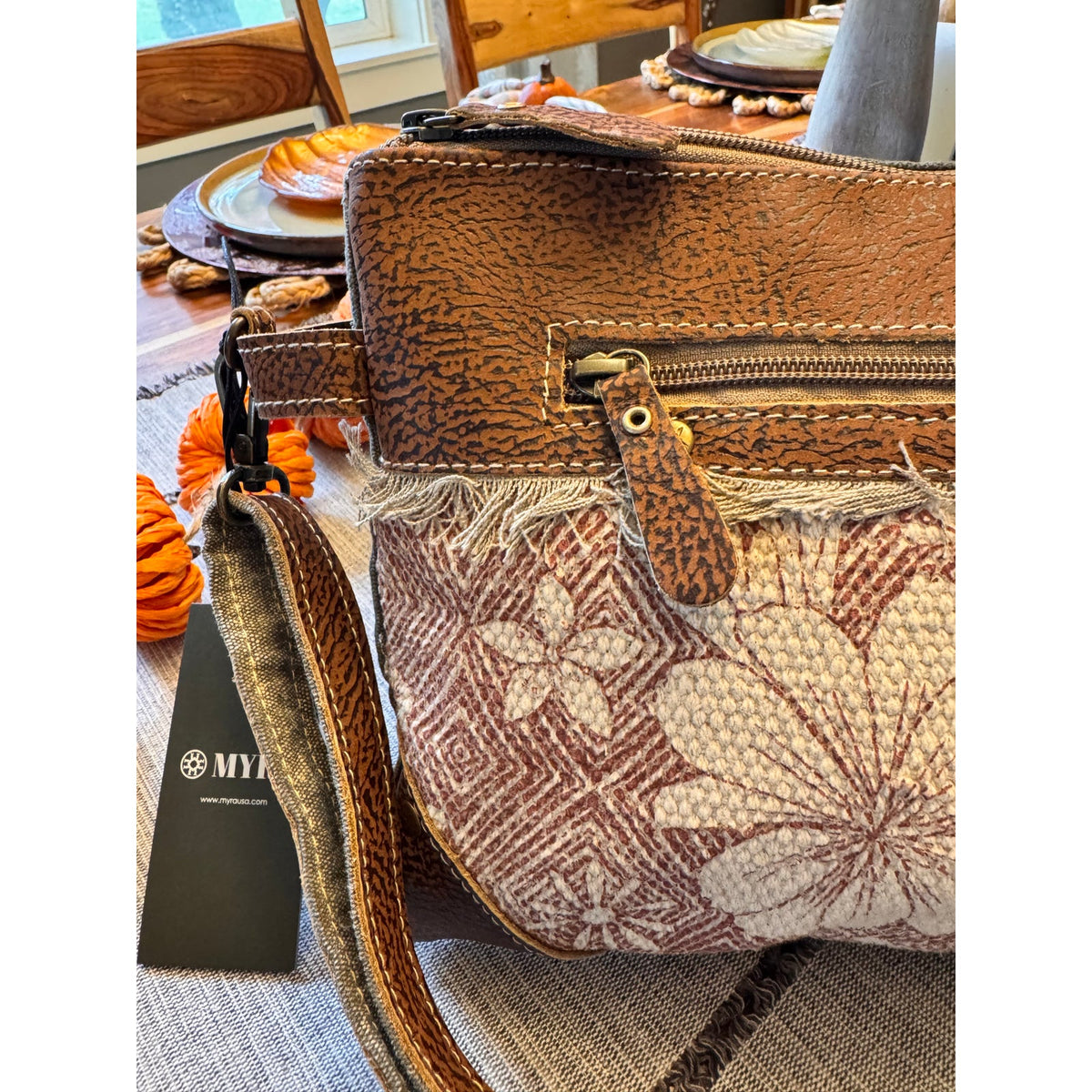Vintage Hibiscus Flower and Fringe Crossbody Bag Neutral Boho Bag 9 x 8 NEW!