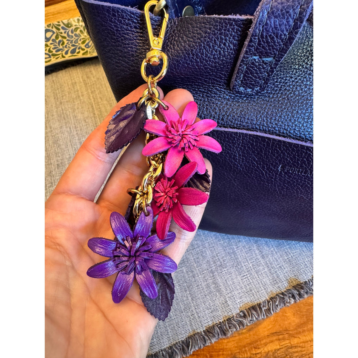 Purple Pink Flower Bag Charm Genuine Leather Purse Charm Flower Charms NEW!