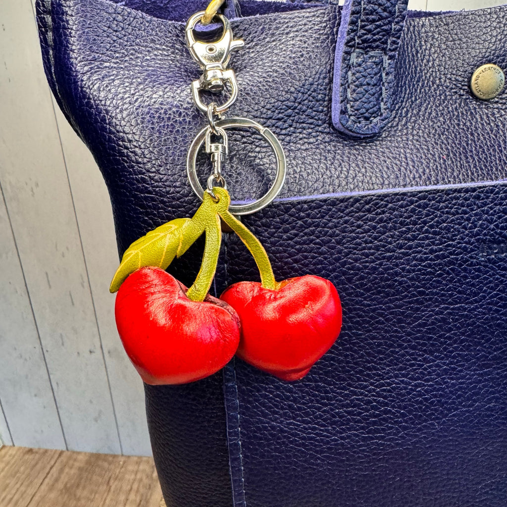Genuine Leather Cherries Bag Charm Hand Painted Leather Cherry Keychain NEW!