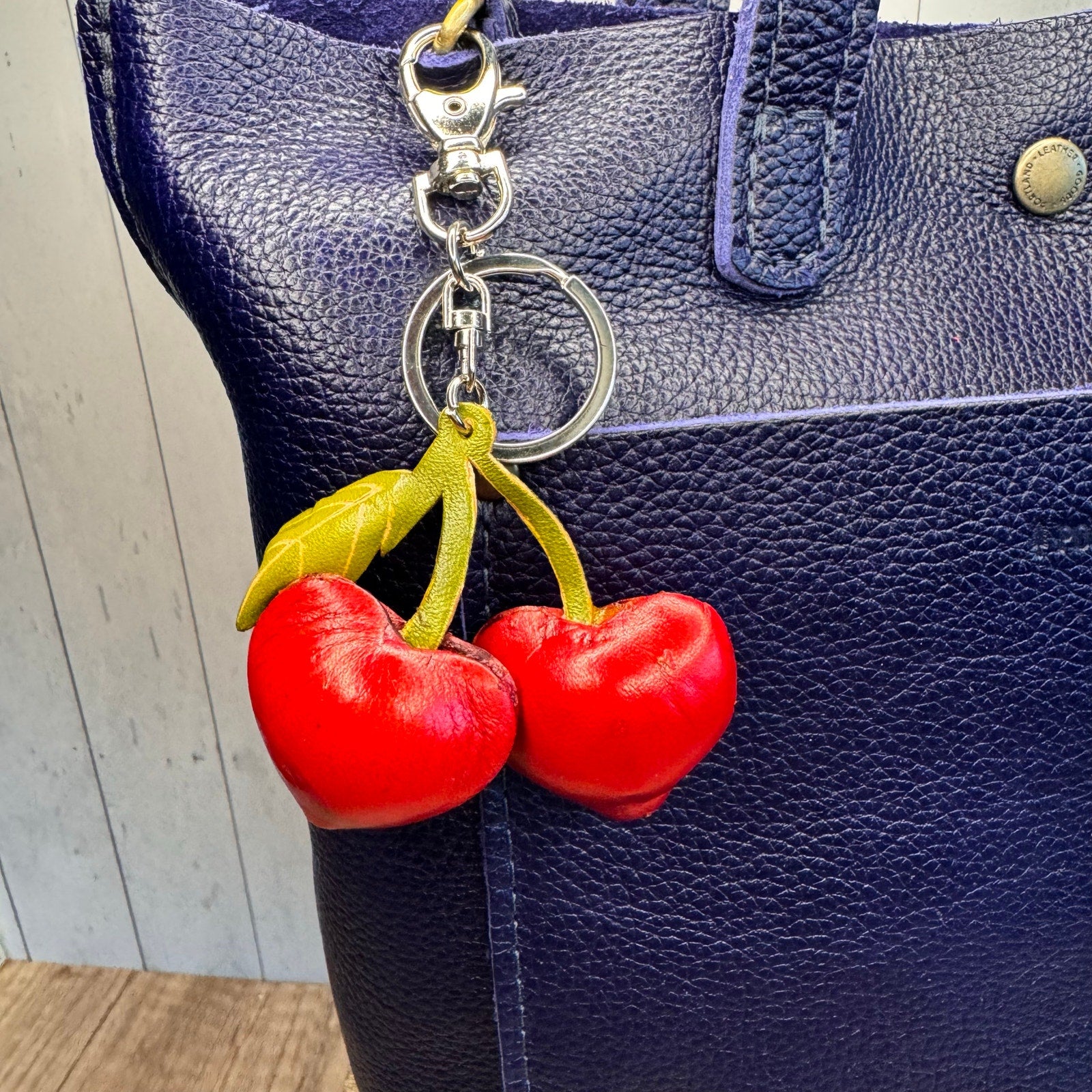 Genuine Leather Cherries Bag Charm Hand Painted Leather Cherry Keychain NEW!