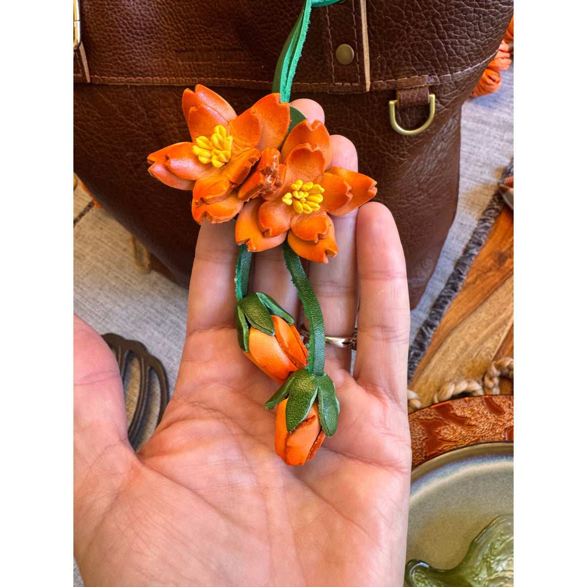 Genuine Leather Trailing Orange Flower Purse Charm Leather Bag Charm