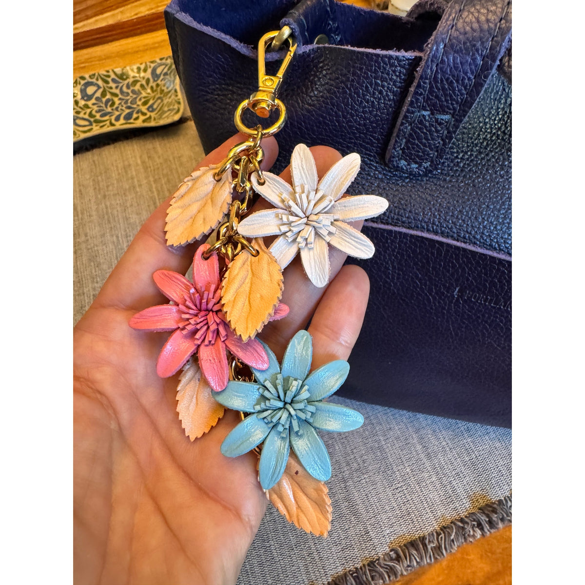 Pink Baby Blue Flower Bag Charm Genuine Leather Purse Charm Flower Charms NEW!