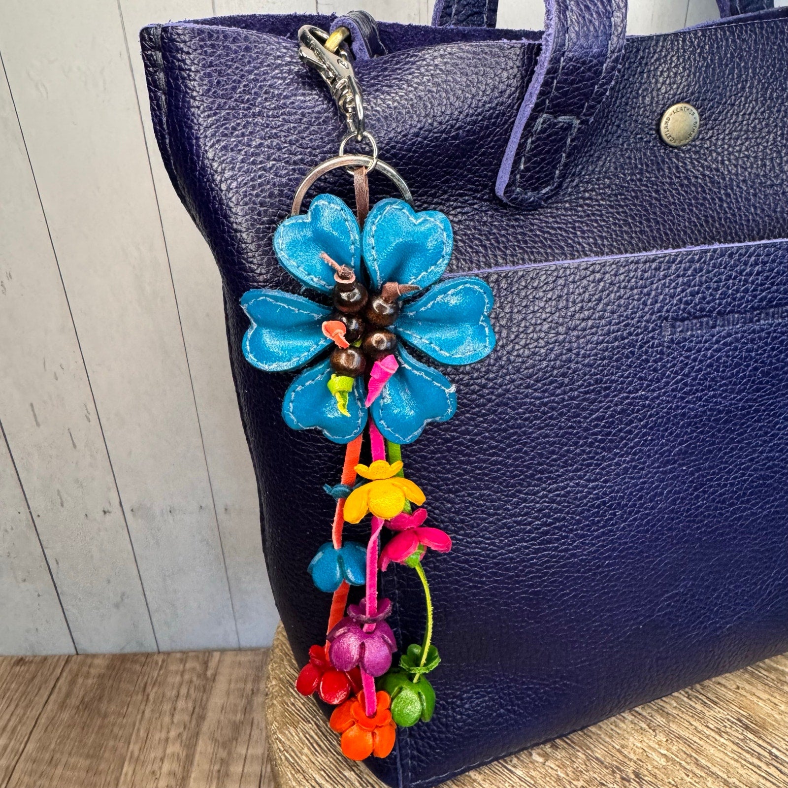 Bright Blue Daisy Flower Leather Bag Charm Genuine Leather Purse Charm Flowers
