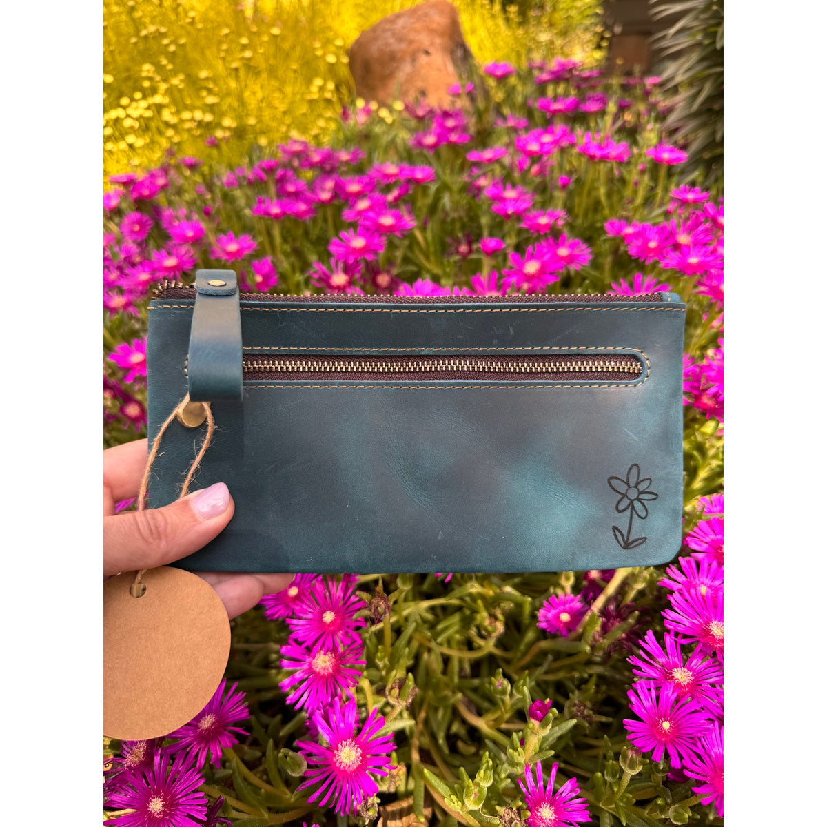 Genuine Leather Ocean Blue Dark Makeup Bag Clutch Pouch Leather Wristlet Bag