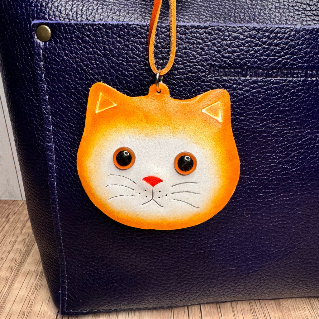 Genuine Leather Ginger Cat Purse Charm Leather Hand Painted  Orange Bag Charm